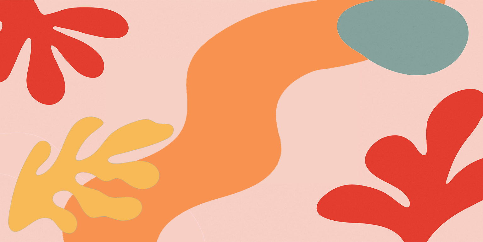 Abstract art with colorful shapes on a pink background