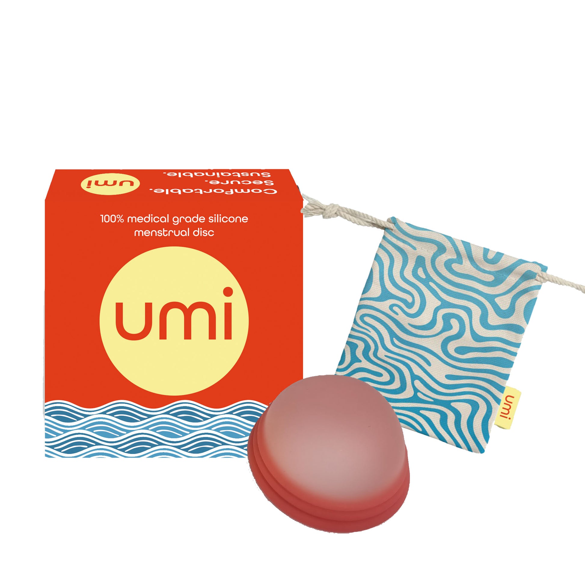 umi menstrual disc, cloth bag and packaging