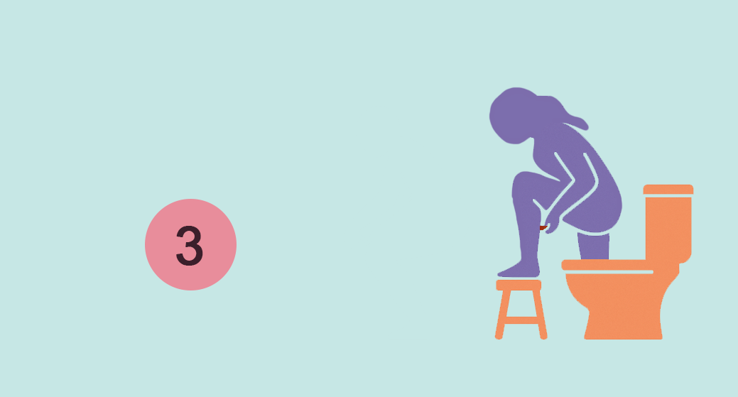 Illustration of a person using a toilet with their leg up to insert an umi menstrual disc.