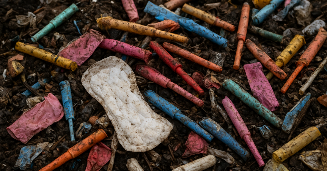 Pile of colorful disposable tampon applicators and period pad showing environmental waste of disposable period products