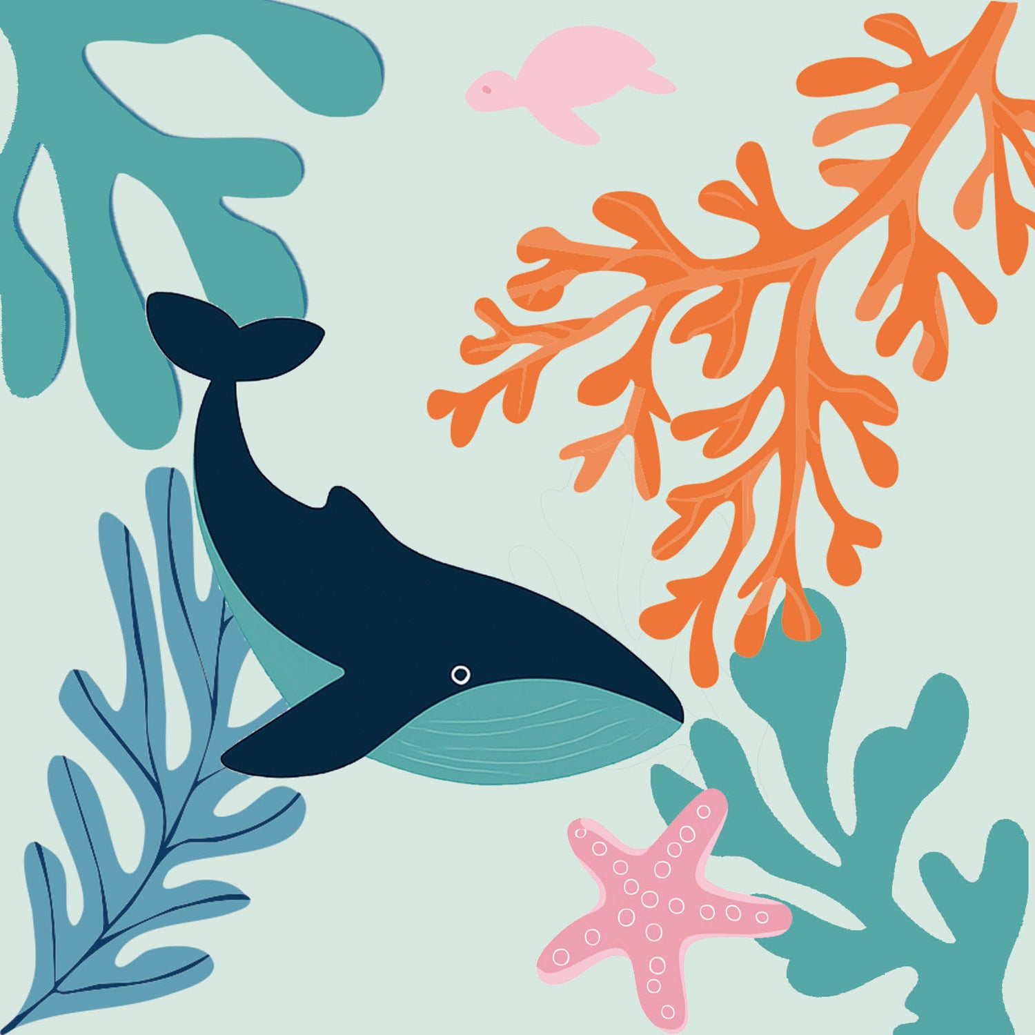 Illustration of a whale, turtle, and starfish among colorful coral and seaweed on a light green background