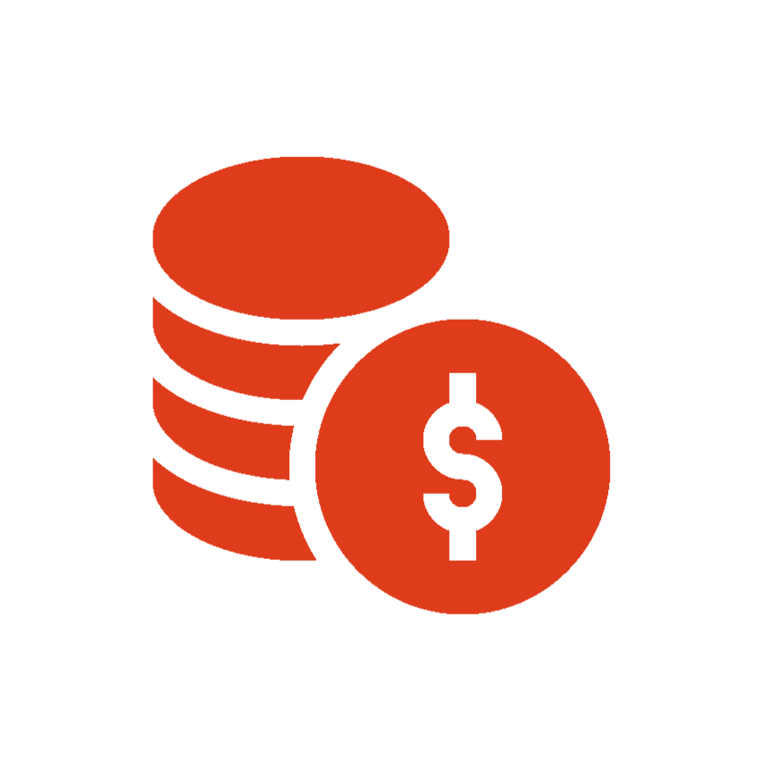 Red icon with a stack of coins and a dollar sign
