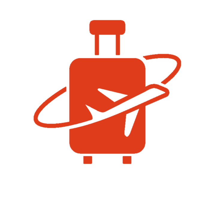 Red suitcase icon with an airplane symbol 