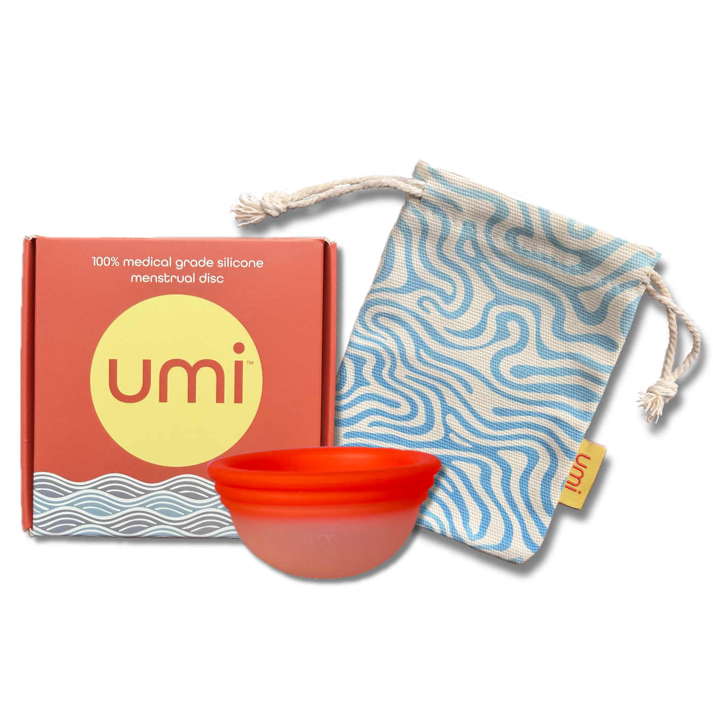 umi cycle menstrual disc, cloth travel bag and packaging